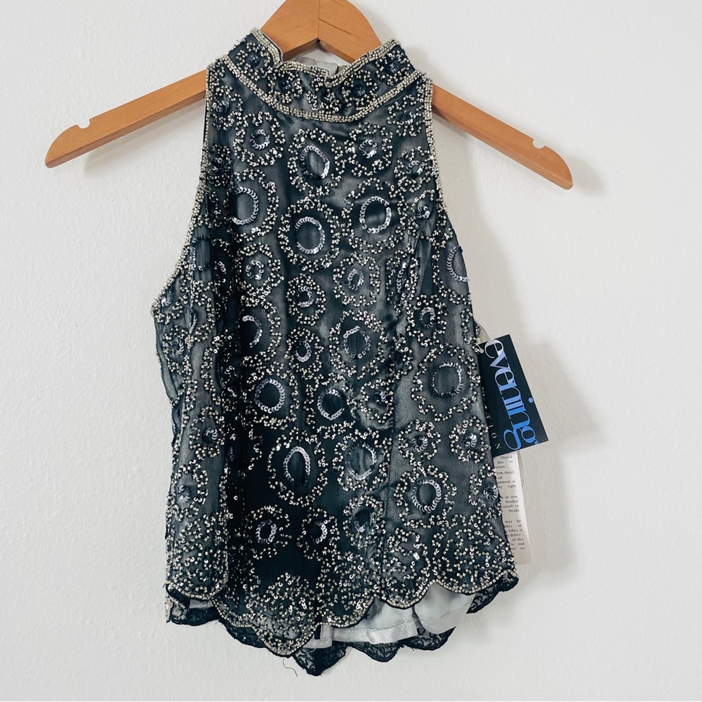 NWT Adrianna Pappell Evening Boutique Flow Circles High Neck Top -Beaded